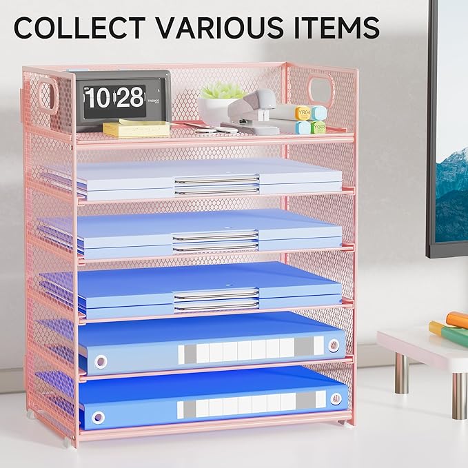 Pink Paper Organizer for Desk with Handle, 6-Tier Metal Mesh File Organizer | Stackable Desktop Organizer for Office Supplies & Stationery Storage