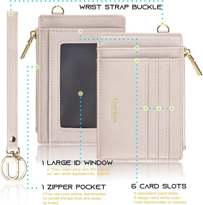 Wikavanli Women Slim Rfid Blocking Credit Card Case Holder Wristlet Zip ID Case Wallet Small Compact Leather Wallet Coin Purse with Keychain(Light Sand)