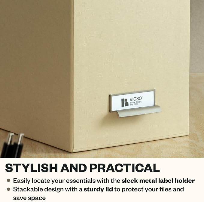 Bigso John Fiberboard Label Frame Desktop File Storage Box - Document Organizer for Important Paperwork - Durable Hanging File Box with Lid & Metal Label Window - 7.36 x 13.38 x 10.51 in - Fawn