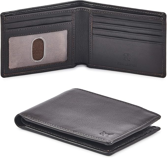 Real Leather Mens Bifold Wallet RFID Blocking Slim Minimalist Front Pocket - Thin & Stylish with ID Window in Gift Box (Nappa, Dark Chocolate)