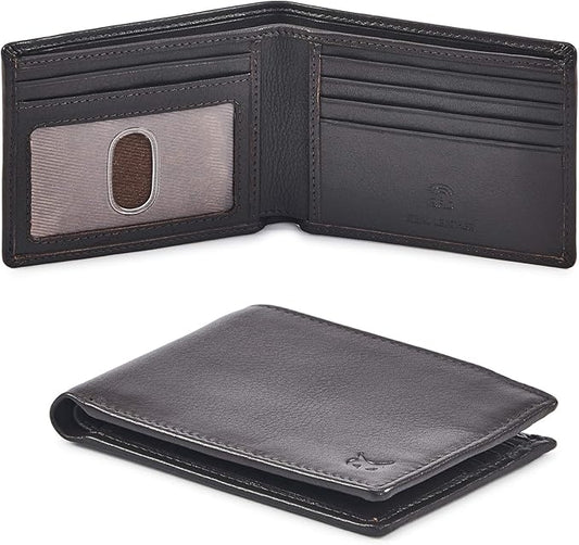 Real Leather Mens Bifold Wallet RFID Blocking Slim Minimalist Front Pocket - Thin & Stylish with ID Window in Gift Box (Nappa, Dark Chocolate)