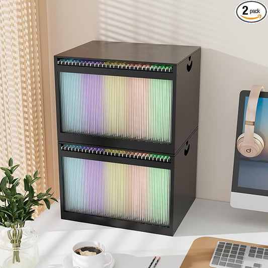 Bamboo Hanging File Boxes with Lids 2 Pack, File Organizer Box for Letter/Legal File, File Box with Hanging Folders Acrylic Light Easy Assembly File Storage Boxes, Black