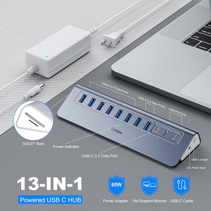 Powered USB Hub 10Gbps, Intpw YH9AC Plus 13 Port USB 3.2 Hub(USB A/USB C 3.2+6 USB-A 3.0+2 PD 45W Fast Charging Port+SD/TF Card Reader), 65W Power Adapter,Aluminum USB HUB for PC,Laptop,iPhone 17/16