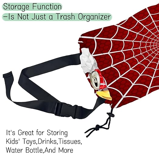 Spider Web on Red Car Garbage Bag,Waterproof Small Car Trash Bag Hanging Back of Seat,Drawstring Hanging Car Trash Bag with Adjustable Buckle for Car Accessories