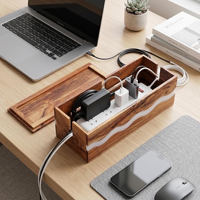Acacia Wood & Epoxy Cable Management Box, 16X 6 X 5.5 Cable Hider Box, Cable Organizer Box Ideal for Under Desk Cable Management, Router Wires, Surge Protectors and adaptors | White