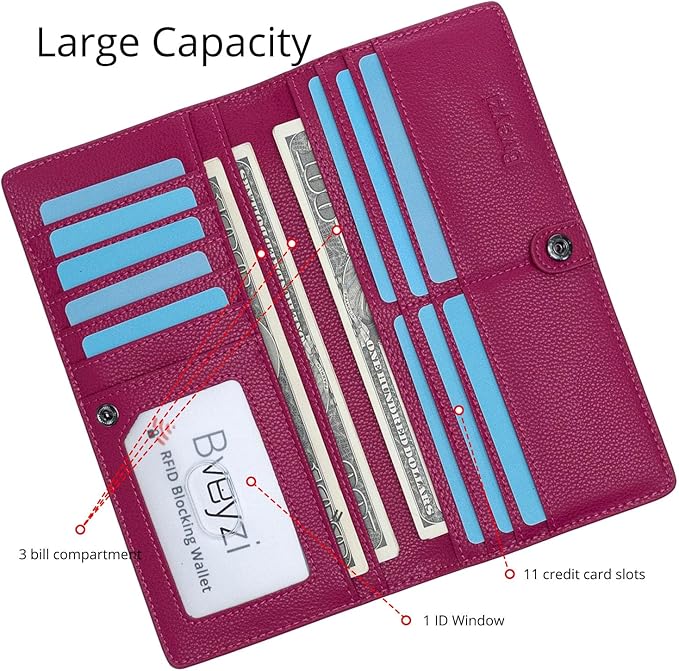 Bveyzi Ultra Slim Thin Leather RFID Blocking Credit Card Holder Bifold Clutch Wallets for Women