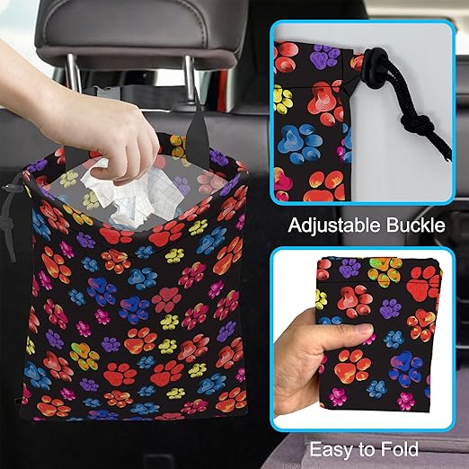 Car Trash Bag Rainbow Animal Paw Print Car Garbage Bag Hanging Car Trash Can for Back Seat with Drawstring