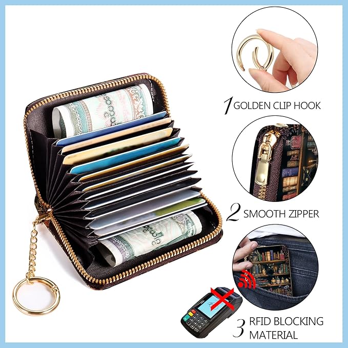 Blusabaca Credit Card Holder for Women, Bookshelf and Cat Goth Small RFID Blocking Wallet with Wristlet Strap, Gothic Zipper Keychain Leather Card Case, Accordion Card Wallet Purse with Key Lanyard