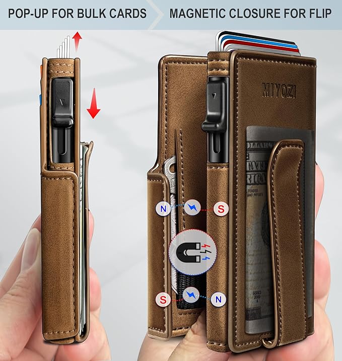 miyozi Men Wallet,with Money Clip Coins Pocket ID Window,Slim Front Pocket RFID Blocking Pop-up Card Holder 3.9"x 2.7", Gift Boxed