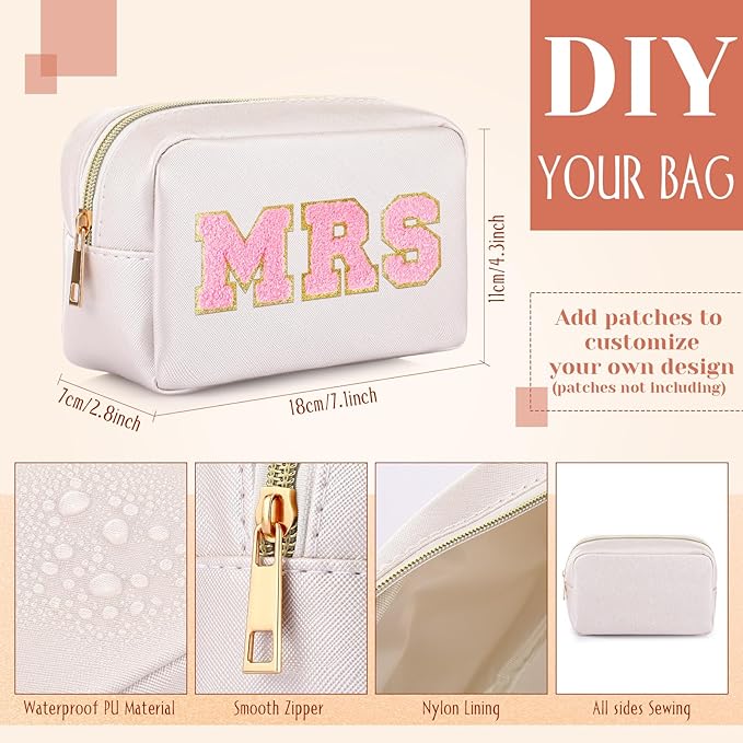 Sweetude 10 Pcs Makeup Bag Bulk for Women Preppy Gift PU Leather Cosmetic Bag Small Skincare Toiletry Pouch Mother Travel Cosmetic Pouch for Bridesmaid Bride Wedding Gift Favors (Ivory)