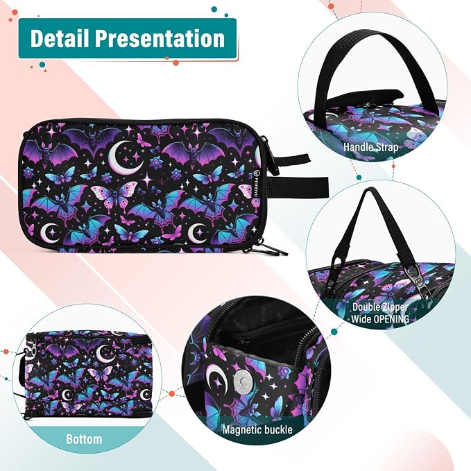 MNSRUU Large Capacity Makeup Bag, Neon Purple and Bats Stars and Moons Cosmetic Bag Portable Toiletries Pouch with Compartments Makeup Organizer Case for Travel Women