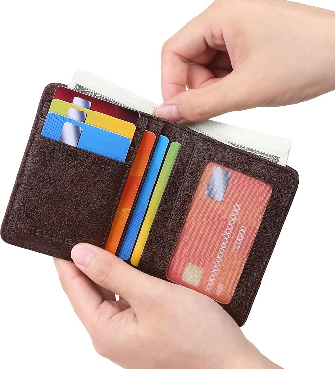Bifold Slim Men Wallet Genuine Leather Thin, Small Vertical RFID Blocking Wallets for Men ，Compact & Stylish with Clear ID Windows (Coffee)