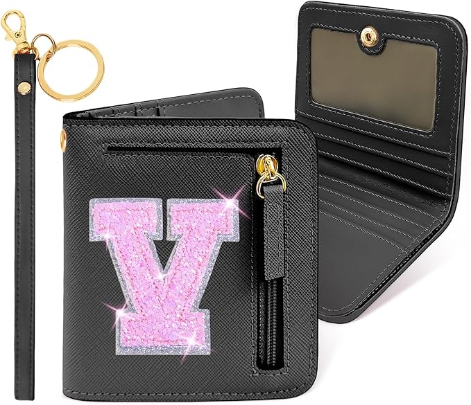 COSHAYSOO Mini Wallet with RFID Blocking Initial Monogrammed for Girls Birthday Valentines Easter Mothers Nurse Day Graduation Thanksgiving Appreciation Halloween Christmas New Year Gifts Black V