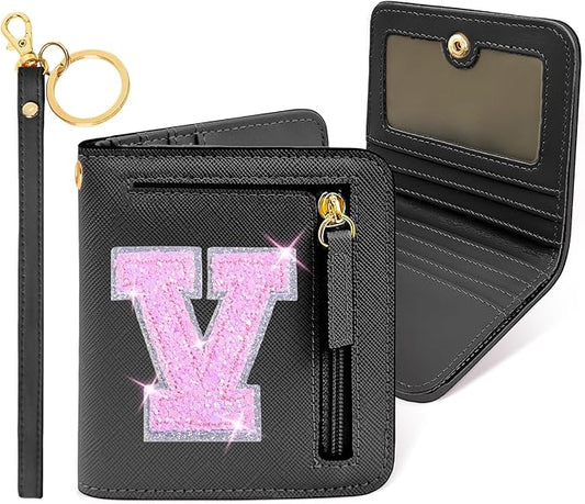 COSHAYSOO Mini Wallet with RFID Blocking Initial Monogrammed for Girls Birthday Valentines Easter Mothers Nurse Day Graduation Thanksgiving Appreciation Halloween Christmas New Year Gifts Black V