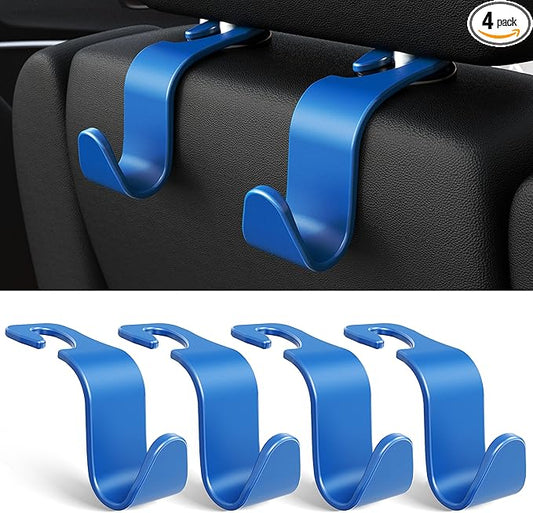 Amooca Car Seat Headrest Hook 4 Pack Hanger Universal Vehicle Car Storage Organizer for Handbag Purse Coat S Type Blue
