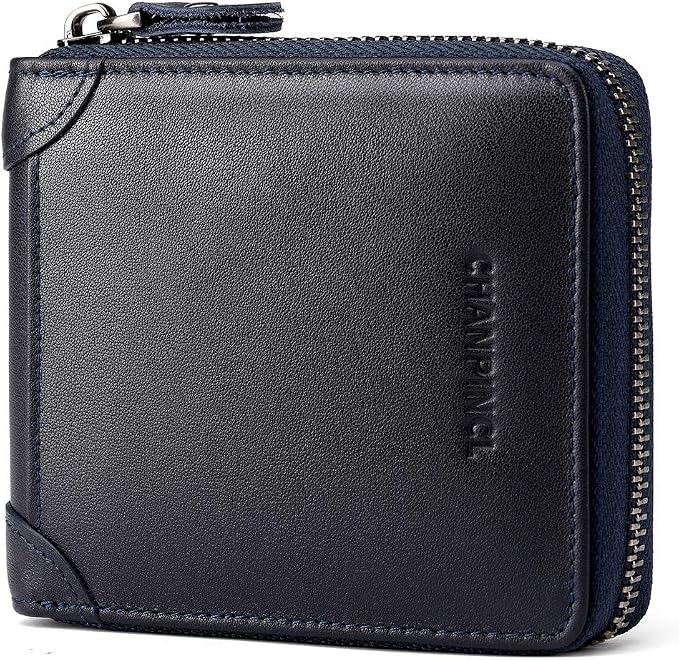 Mens Genuine Leather Zipper Wallet RFID Secure Large Capacity Double Fold Multi-card Leather Wallets for Men and coin purse