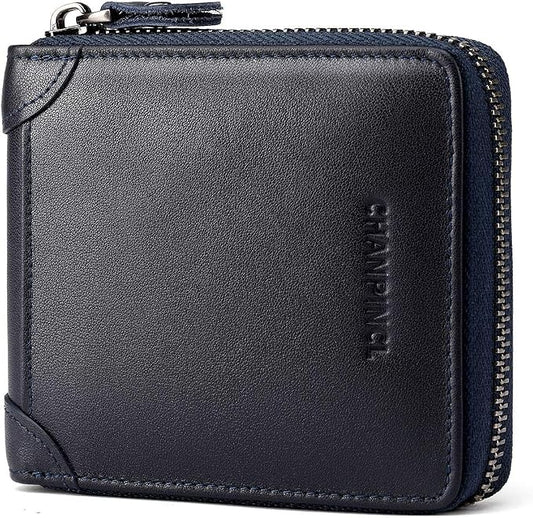 Mens Genuine Leather Zipper Wallet RFID Secure Large Capacity Double Fold Multi-card Leather Wallets for Men and coin purse
