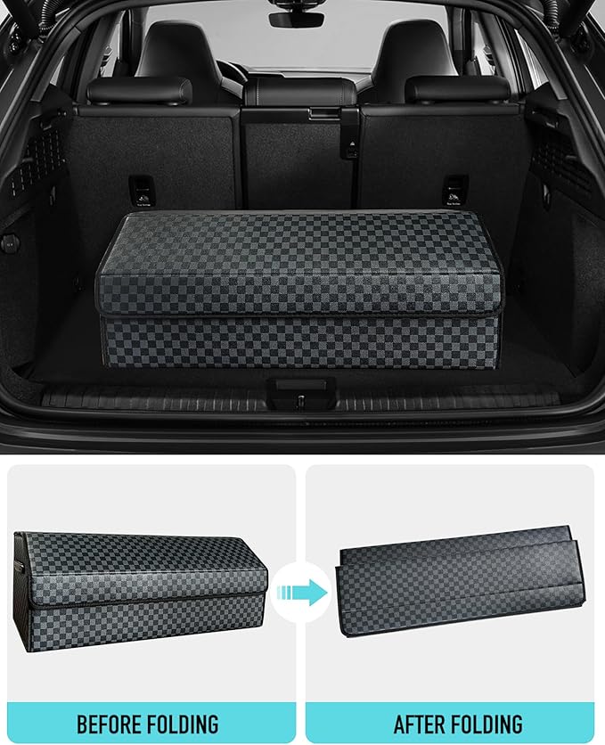 Fyzeoty Trunk Organizer for SUV - Leather Storage Box, Extra Large, Magnetic Lid, Collapsible and Adjustable Car Organizer