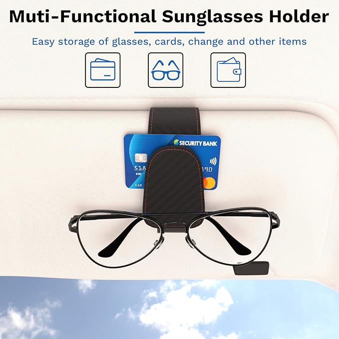 BFXM Sunglass Holder for Car, Sunglasses Holder Eyeglass Hanger Clip Magnetic Leather for Car Visor, Cars Sun Visor Ticket Card Clip