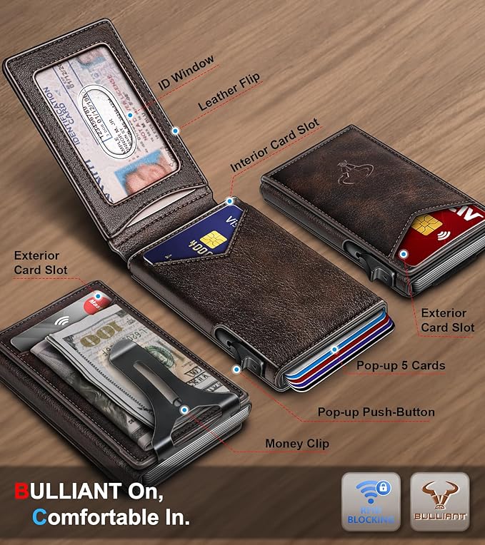 BULLIANT Men Wallet,Magnetic Metal Wallet Money Clip 9Cards Pop-up Access RFID Blocking
