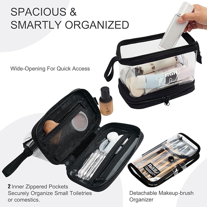 Rough Enough Clear Cosmetic Bag for Women and Men, Leakproof Travel Makeup Organizer, with Detachable Brush Pouch, Large Opening, 6.5”x5”x8.5”