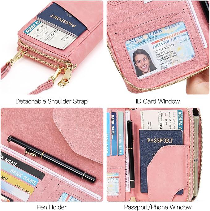 GOIACII Passport Wallet Travel Crossbody Bags for Women Wristlet Phone Purse Double Zip Vegan Leather Pink