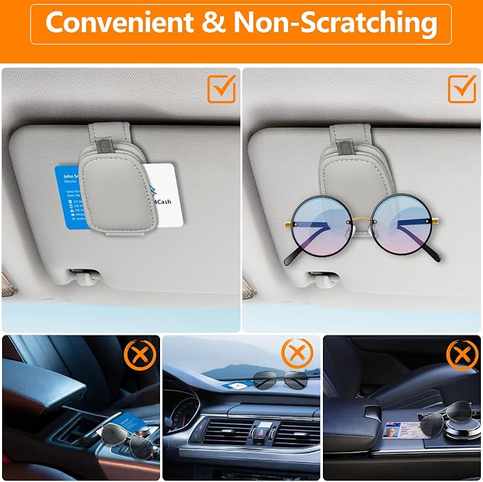 Sunglasses Holders for Car Visor, 2 Pack Magnetic Leather Sunglass Clip for Car Visor, Car Glasses Holder and Ticket Card Clip, Eyeglass Holder for Car Visor Accessories (Gray)