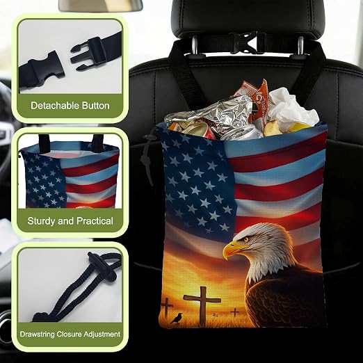 Cross American Flag Car Trash Bag Eagle Waterproof Car Trash Bag Hanging Leakproof Car Garbage Bag Washable Reusable Trash Bag For Car Interior Hanging Organizer Storage Vehicle Travelling Camping