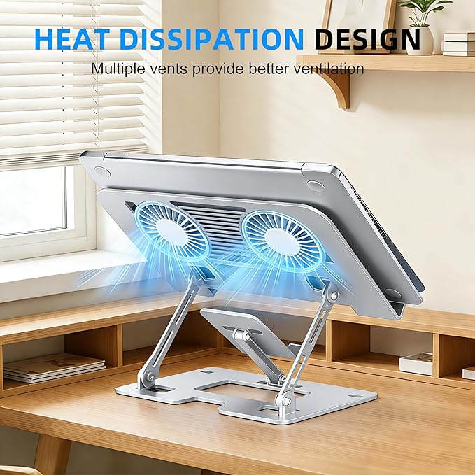 Ergonomic 2-in-1 Laptop Stand for Desk with Fans,Adjustable Laptop Riser with Phone Holder,Computer Stand for Laptop,Sturdy and Portable Stand,Compatible with All Laptops and Phones White