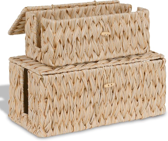 efluky 2 Pack Plastic Cable Management Boxes, Hand-Woven Cord Organizer Box with Lid, 2 Open Slots Cable Organizer Basket to Hide Power Strip and Charger for Home & Office and Dorm,Natural