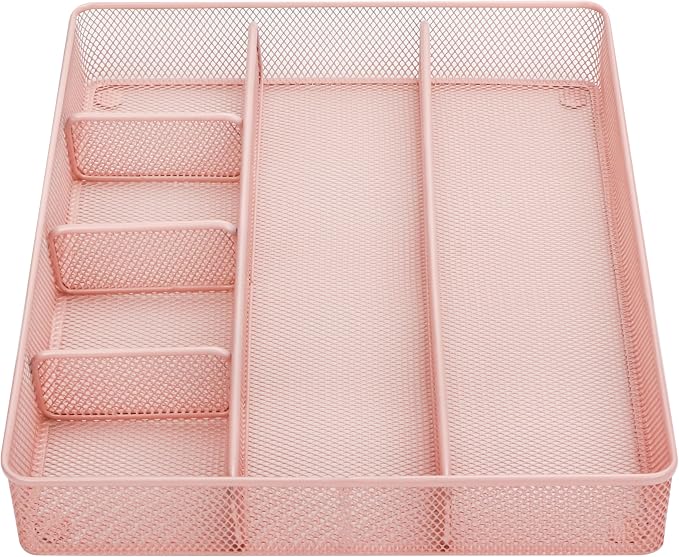 Annova Desk Top Organizer Tray for Office Organization - Metal Mesh - Storage Tray with Dividers for Pens, Desktop Accessories, Bathroom, Kitchen, Makeup and Office Supplies (Large, Light Pink)