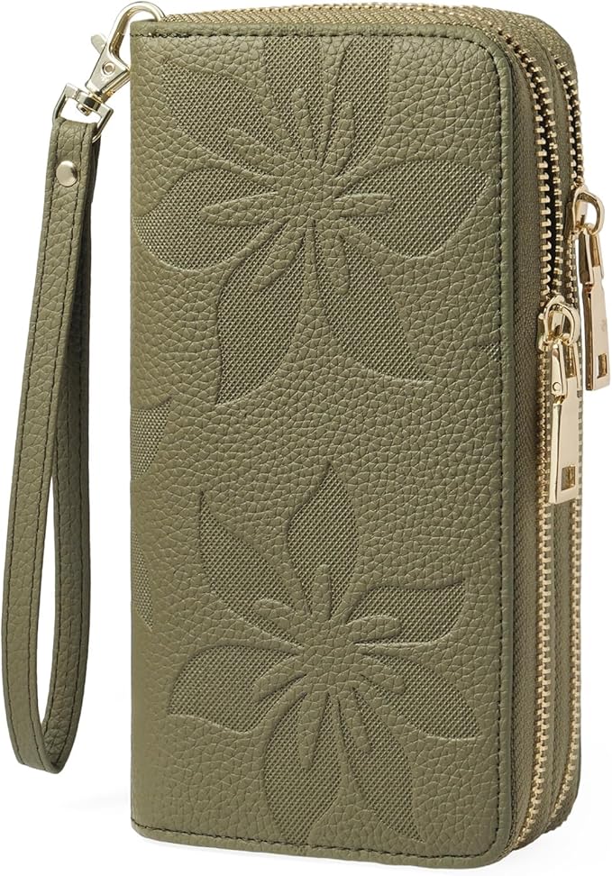 GOIACII Women's Wallet Large Capacity Double Zip Ladies Card Phone Holder RFID Blocking Wristlet Leather
