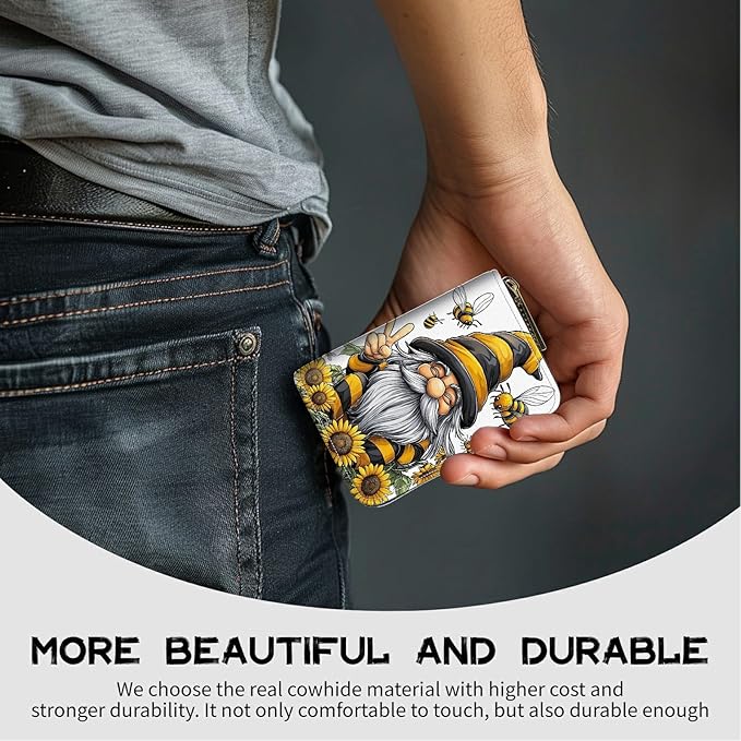 Cute Credit Card Holder with Zipper, Bee Dwarf Sunflower RFID-Blocking Card Case Small Wallet for Women Men, Multi-slot Card Organizer Case Travel Accordion Wallet