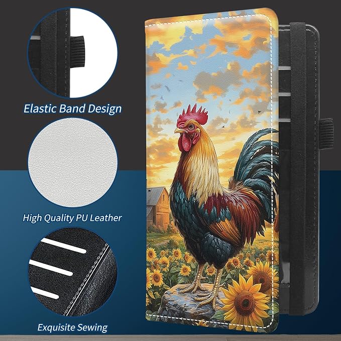 Check Book Cover for Personal Checkbook with Duplicate Checks for Women's & Men PU Leather Wallets Check Book Holder with Pen Card Slots Elastic Strap,Rooster Sunflower