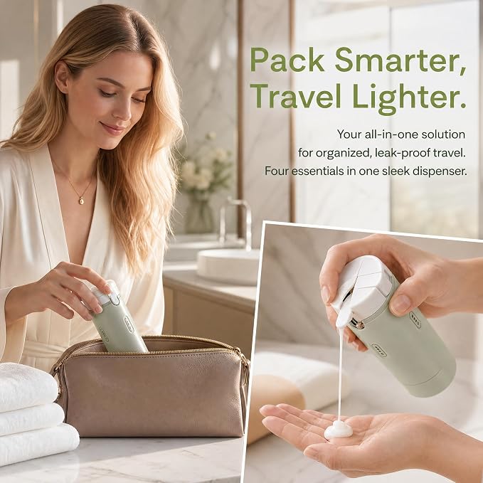 4 in 1 Travel Dispenser Bottle Set, Leak-Proof, Lightweight, Refillable Squeeze Bottles for Travel Toiletries (White)