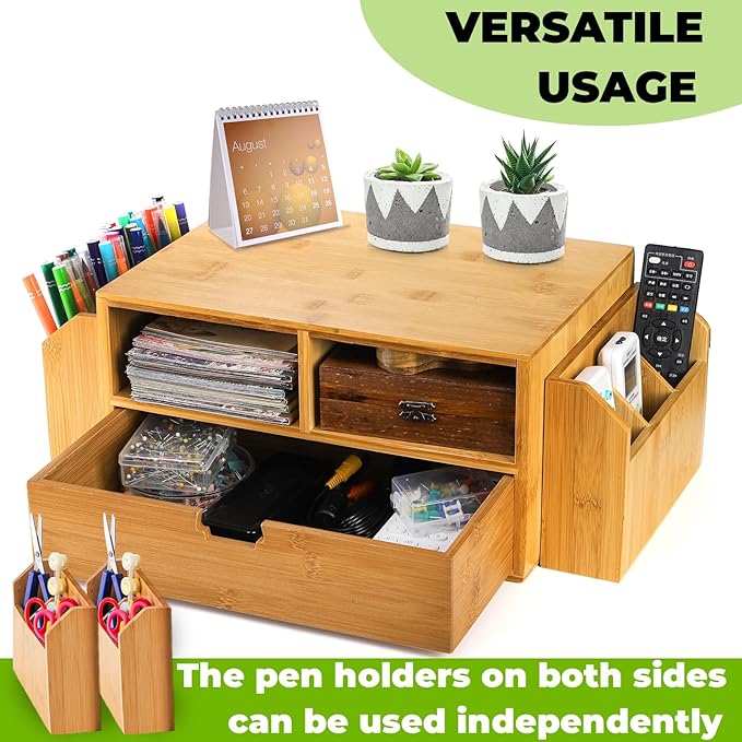 Hiceeden 2 Tier Bamboo Desktop Organizer, Desk Monitor Stand Riser with 1 Drawer and 2 Pen Holder, 2 Compartment Computer Desk Storage Organizer for Laptop, Printer