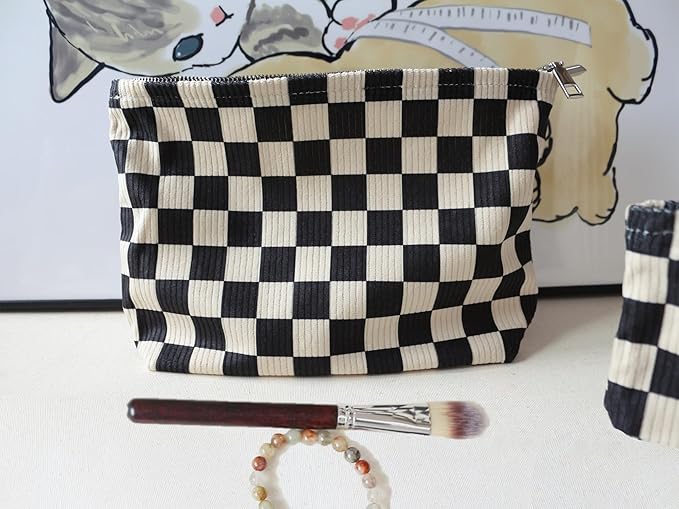 HAPPYHEIDI Checkered Corduroy Makeup Bag Set 3 Women Cosmetic Toiletry Travel Pouch Purse Accessory Organizer, 3-Size, Vintage Black White