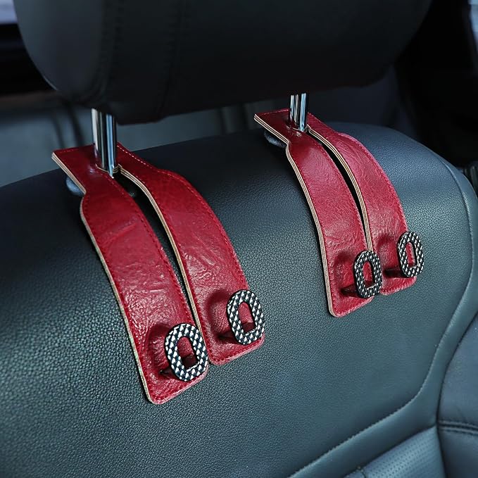 Car Headrest Hooks Universal Car Purse Hook Premium Leather and Alloy Twin Hook Car Seat Back Storage Hanger Hook for Purse Bags Cloth Drink Durable Holder Car Accessories (BH09-Red-Black)