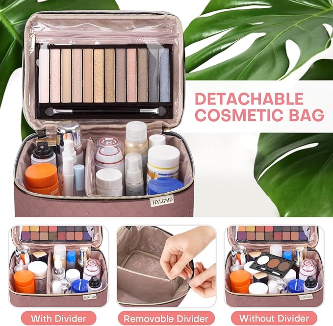 HXLGMD Large Makeup Bag with Mirror Double Layer Travel Make Up Organizer Case, Large Capacity Coemetic Bag with Brush Slot Divider