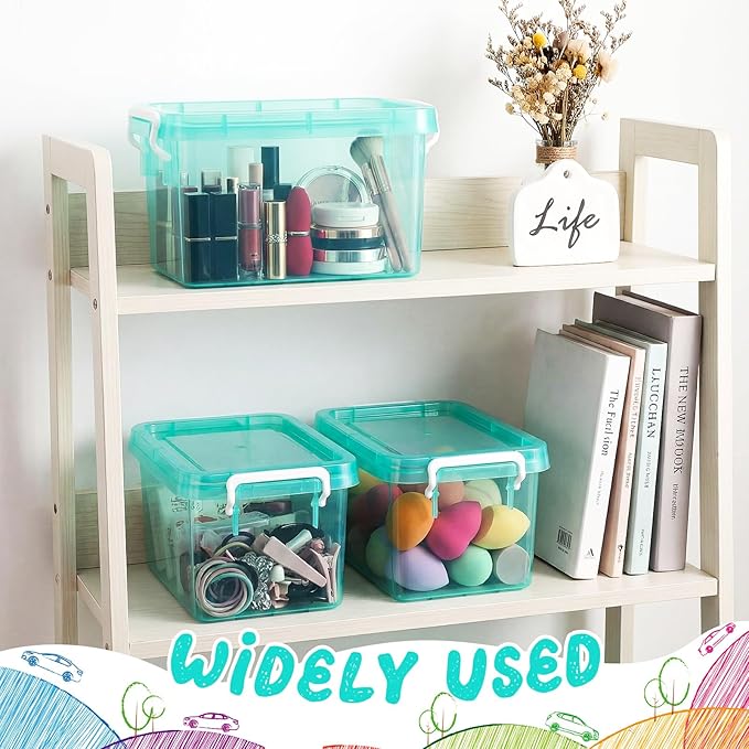 Wenqik 6 Pack Colorful Plastic Storage Bins with Lids 4 Quart Small Storage Latch Box Stackable and Nestable Clear Organizer Bins with Latching Handle and Buckle for Organizing (Teal)