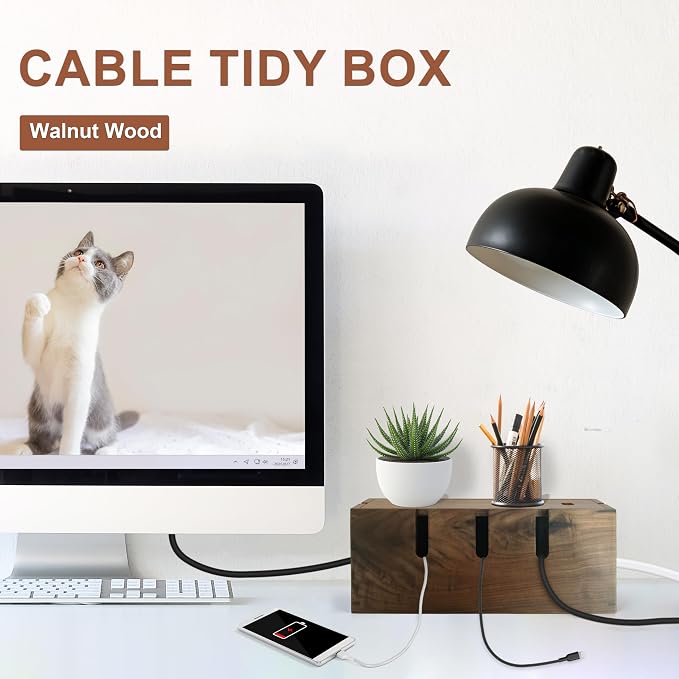 Elitzia Wood Cable Tidy Box Large Desk Cable Management Box Cord Wire Organiser for Hiding Messy Cables Wire Management Natural Walnut Wood Cables Storage Tidy Boxs for Home Salon SPA Office ETCHER02