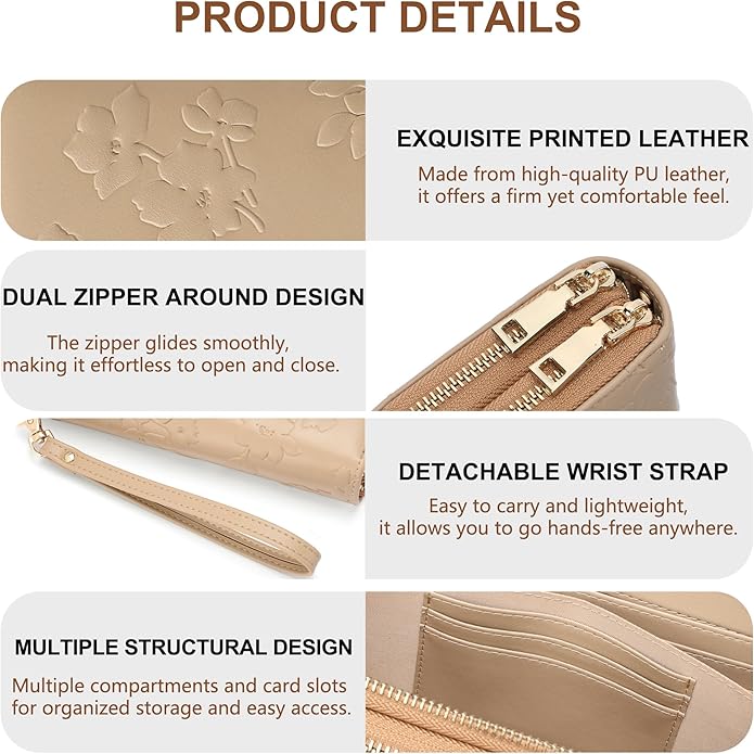 yiijay Womens Wallet RFID Blocking Large Capacity Vegan Leather Double Zip Wristlet Wallet Card Holder Travel Ladies Clutch