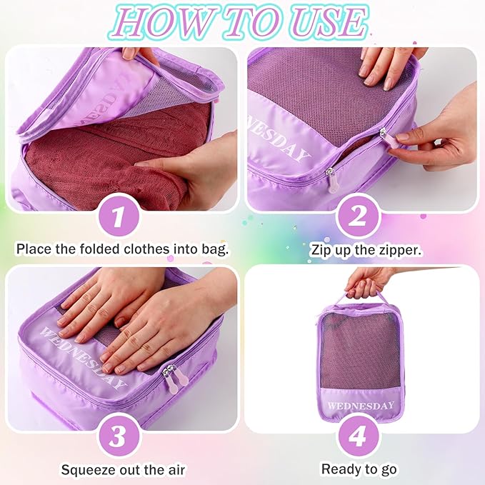 Days of Week Packing Cubes Weekly Organizer Travel Storage Bag School Clothes for Kids Summer Camp Family(7x9x3inch,Macaron,15)