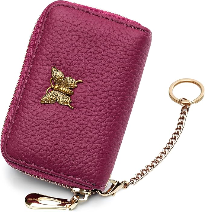 imeetu RFID Credit Card Holder for Women Genuine Leather Card Case Wallet with Zipper and Removable Keychain (Fuchsia)