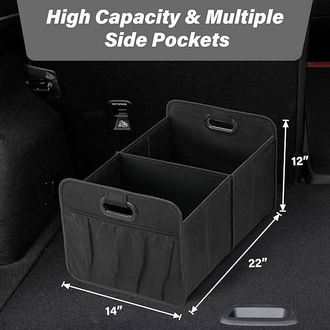 HealSmart Car Trunk Organizer, Foldable 2 Compartment Automotive Storage Accessories with 50L Capacity, 600D Waterproof Oxford Polyester, Non Slip Bottom, Black, 2 Pack