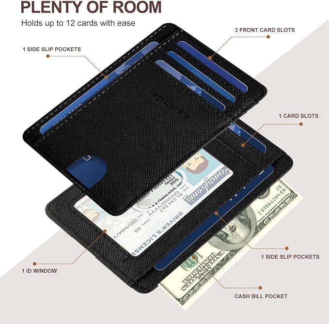 Slim Minimalist Front Pocket Thin Wallet RFID Blocking 100% Genuine Leather Credit Card Holder for men Women, with Gift Box-Cross Black