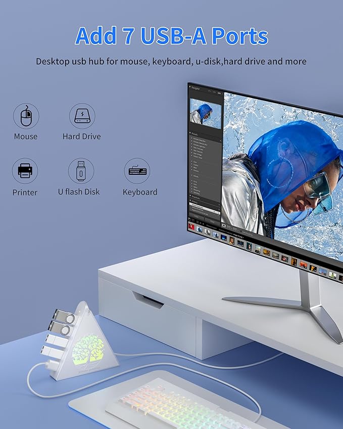 7-Port USB 3.0 Hub, White Vertical USB Hub Splitter with Tree-Shaped RGB Lighting, 5Gbps High-Speed Transfer, 2FT Extension Cable, Compatible with PC, MacBook, Laptop, Flash Drive, Printer