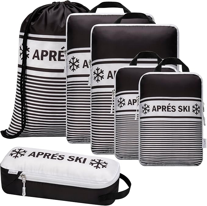 Apres Ski Compression Packing Cubes for Travel 6PC Set, Suitcase Organizer & Space Saver Bags for Luggage with Drawstring Backpack, Apres Ski Bags