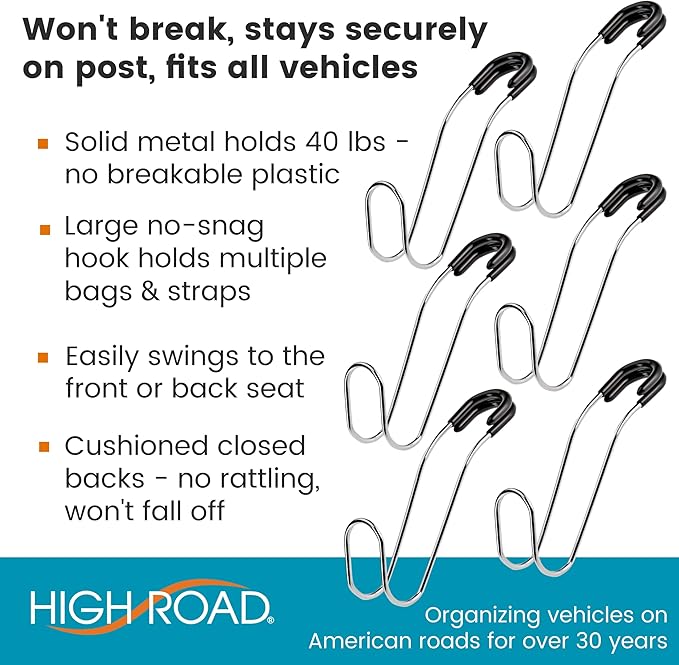 High Road Metal Car Hooks - Hard Hat Holder for Truck and Unbreakable Headrest Hooks for Car for Large Straps and Heavy Bags up to 40 lbs - Secure Attachment Loops Fit All Headrest Posts, 6-Pack