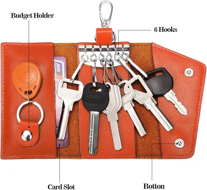 BAKUN Compact Leather Car Key Case, Key Holder Key Organizer Wallet, With 6 Hooks(Orange)